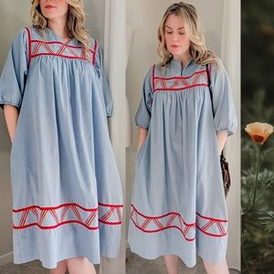 70s Blue Krist Gudnason for Rainbow Trim Cotton 1970s Vintage Midi Shift Dress